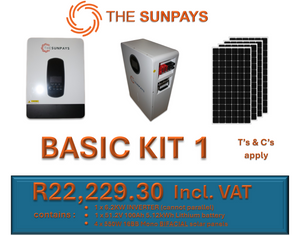 TheSunPays BASIC KIT 1 with 1 x Inverter, 1 x Battery & 4 x solar panels.