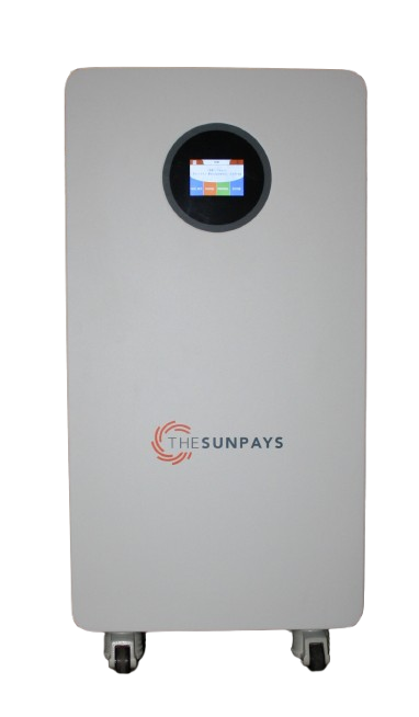 TheSunPays 51.2V 300Ah 16kWh wheeled Lithium battery with 16 cells & colour touch-screen.