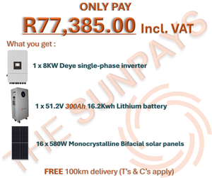 TheSunPays solar kit with 1 x 8kW Deye Inverter, 1 x Lithium battery and 16 x solar panels.