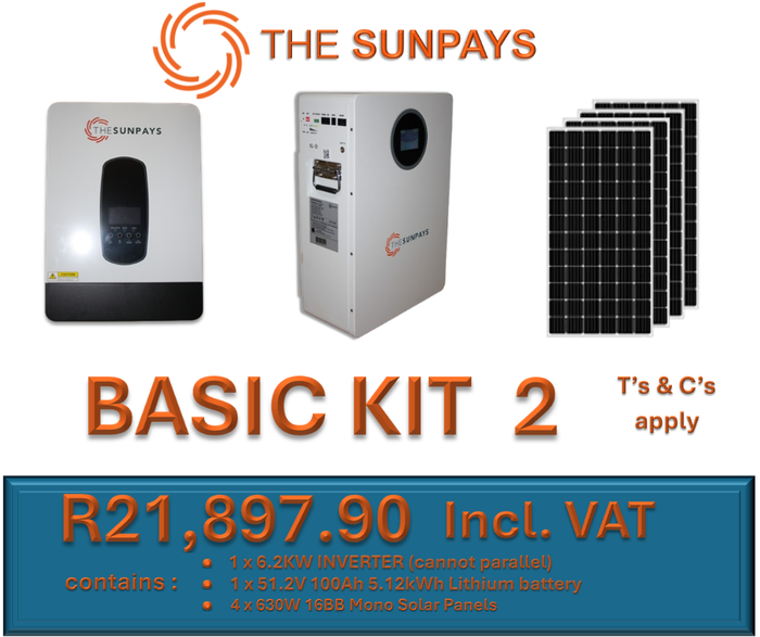 TheSunPays BASIC KIT 2 with 1 x Inverter, 1 x Battery & 4 x solar panels.