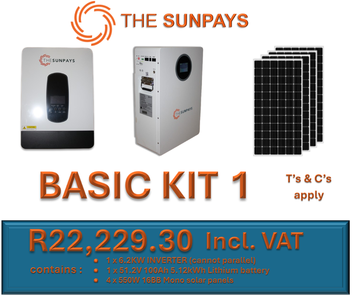TheSunPays BASIC KIT 1 with 1 x Inverter, 1 x Battery & 4 x solar panels.
