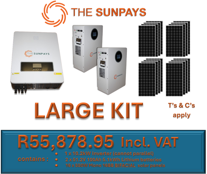 TheSunPays LARGE KIT with 1 x 10.2kW Inverter, 2 x Lithium batteries and 16x solar panels.