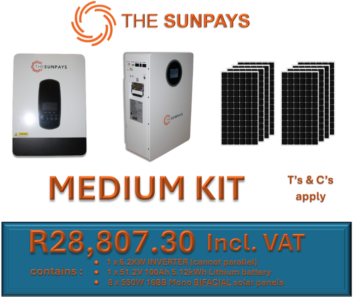 TheSunPays MEDIUM KIT with 1 x Inverter, 1 x Lithium battery, 8 x solar panels.