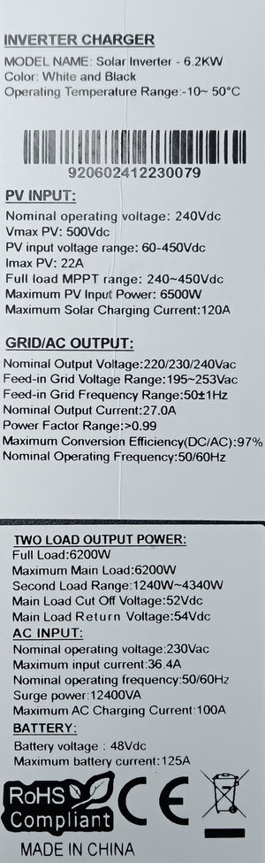 Solar Inverter - 6.2kW 7kVA High Voltage, 48V,  DUAL AC OUTPUTS, Pure Sine wave Inverter, On / Off Grid, Stand alone ONLY.