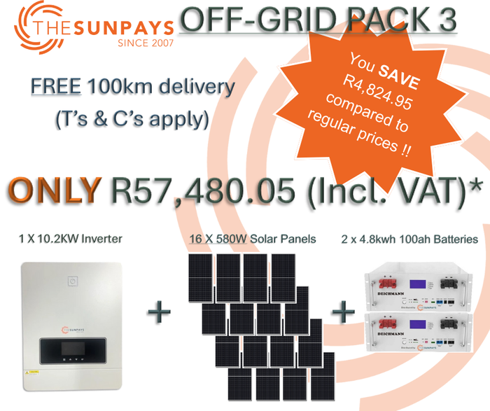 PACK 3 = 1 x Inverter : 10.2kW / 10.2kVA, 2 x Battery : Lithium 48V 100Ah 4.8kWh and 16 x Solar panels : 580W