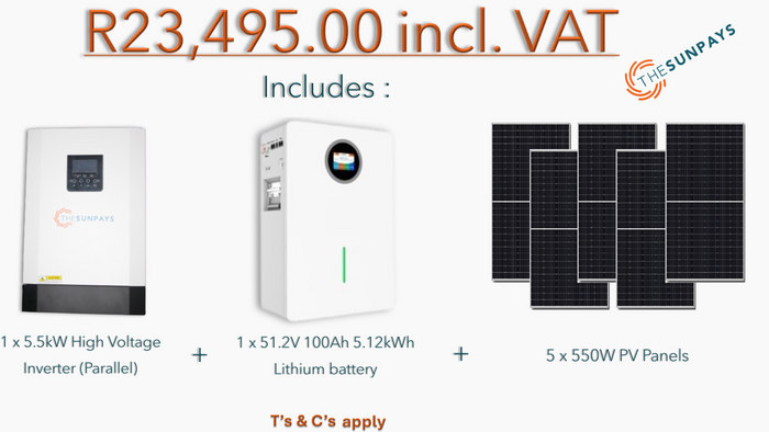 Combo of 1 x 5.5kW Inverter, 1 x 51.2V 100Ah 5.12kWh Lithium battery & 5 x 550W solar panel.
