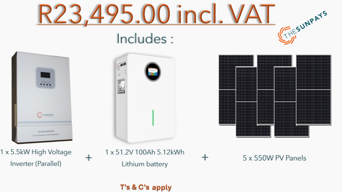 Combo of 1 x 5.5kW Inverter, 1 x 51.2V 100Ah 5.12kWh Lithium battery & 5 x 550W solar panel.