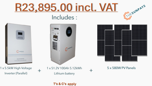 Combo of 1 x 5.5kW Inverter, 1 x 51.2V 100Ah 5.12kWh Lithium battery & 5 x 580W solar panel.