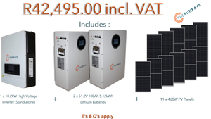 Combo of 1 x 10.2kW inverter, 2 x 51.2V 100Ah 5.12kWh Lithium Batteries & 11 x 460W Solar panels.