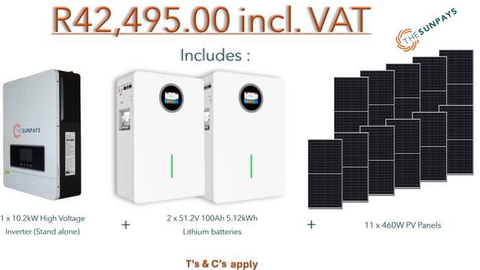 Combo of 1 x 10.2kW inverter, 2 x 51.2V 100Ah 5.12kWh Lithium Batteries & 11 x 460W Solar panels.